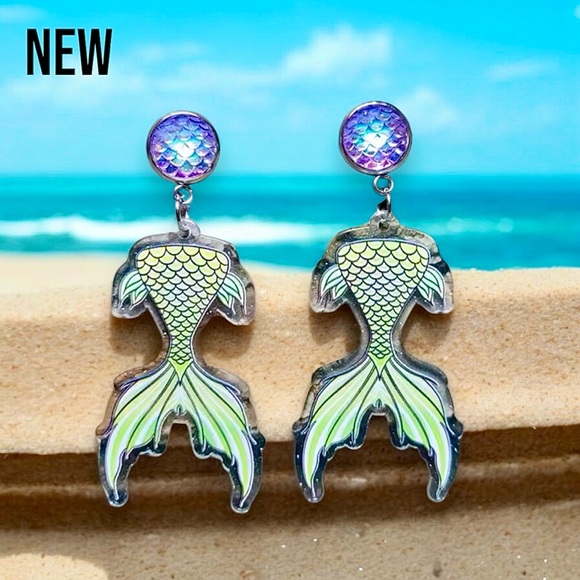 Exclusively Fancy Jewelry - New Relief Double-sided Sparkling Multi-color Mermaid Fishtail Acrylic Earrings
